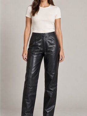 High-Rise Leather Straight-Leg Pants - Black size 10